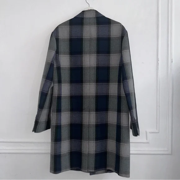 Acne Studios Oversized Plaid Wool Blend Coat in Navy, Grey & Green size US38 - Picture 5 of 14